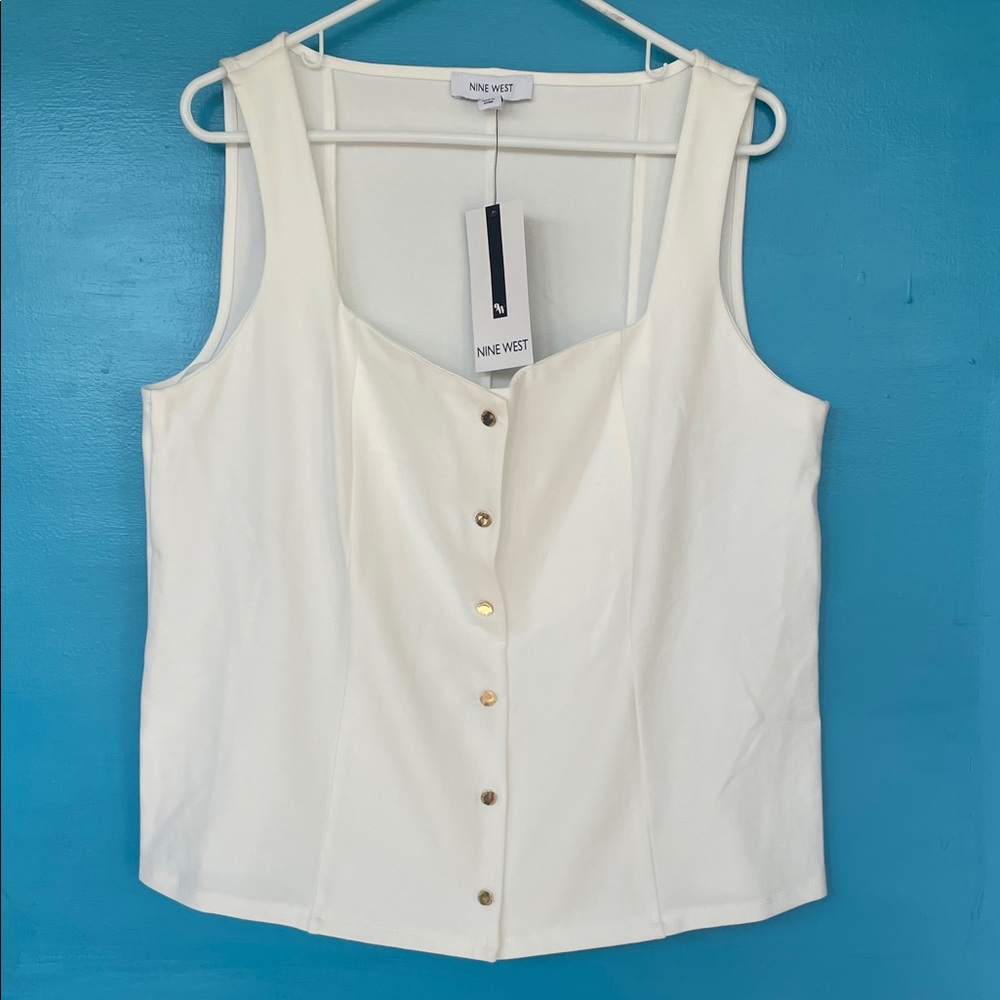 Nine West Cream Sleeveless Button-Front Tank Vest Girlboss Statement Piece SZ XL